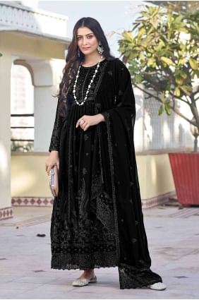 Georgette Anarkali Suit with Embroidered in Black AS3896