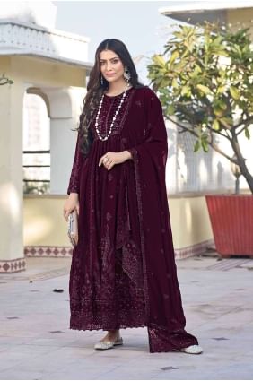 Georgette Maroon Anarkali Suit in Embroidered AS3897