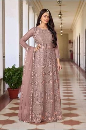 Peach Net Embroidered Anarkali Suit with Dupatta AS3899