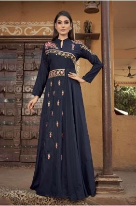 Muslin Embroidered Blue Gown Dress with Dupatta GW0839