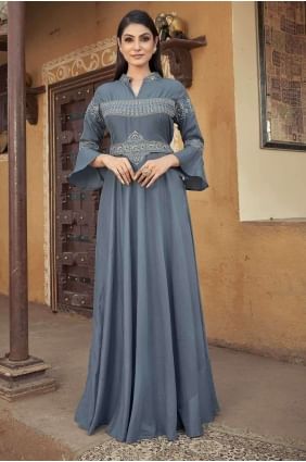 Grey Muslin Embroidered Gown Dress with Dupatta GW0843