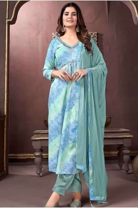 Sky blue Rayon Hand work Straight Pant Suit with Dupatta SK154180