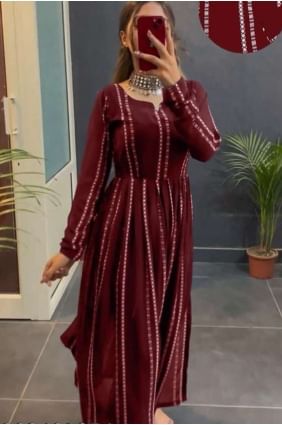 Maroon Kurti in Plain with Printed KTI2412
