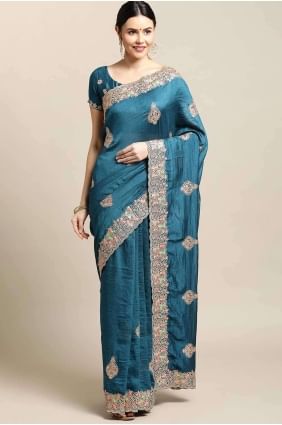 Embroidered Saree in Turquoise  Satin SR26894