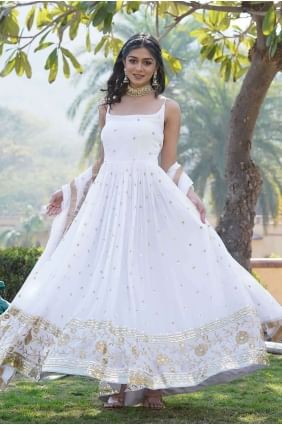 Embroidered Faux silk Anarkali Suit in White  with Dupatta GW0854