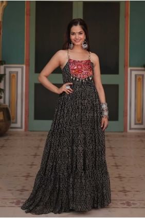 Black Printed Gown Dress in Faux georgette GW0949