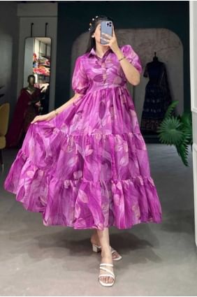Purple Gown Dress with Printed Georgette GW0953