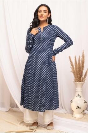 Palazzo Suit in Blue Cotton with Printed SK154576