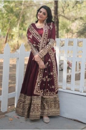 Shimmer Embroidered Dark marroon  Gown Dress with Dupatta GW0956