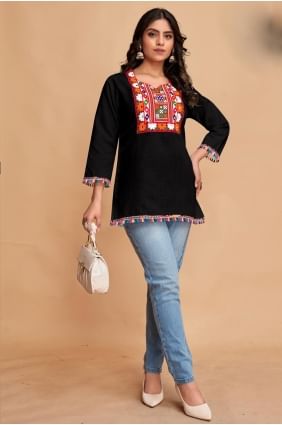 Embroidered Cotton Black Kurti  KTI2521
