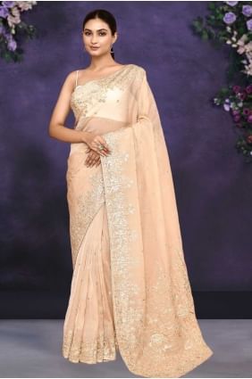Embroidered Satin Saree in Chiku  with Blouse SR27441