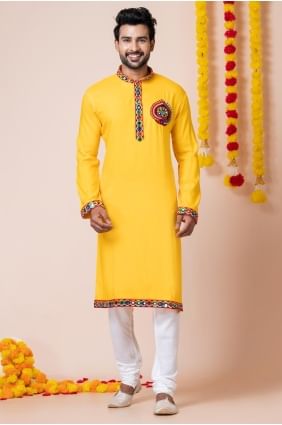Yellow Embroidered Men Kurta in Rayon KURR25