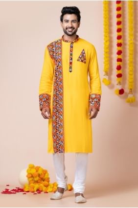 Embroidered Rayon Men Kurta in Yellow with Dupatta KURR30