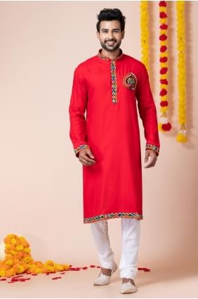 Embroidered Rayon Men Kurta in Red with Dupatta KURR34