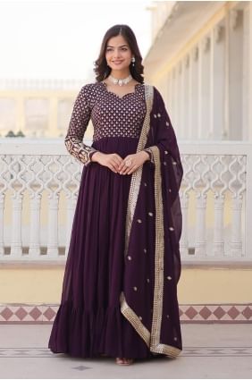 Georgette Embroidered Wine  Gown Dress with Dupatta GW0961