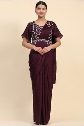 Embroidered Satin Saree in Wine  with Blouse SR27495