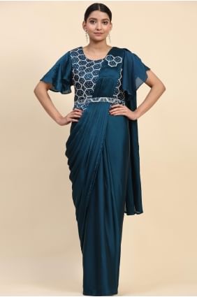 Satin Embroidered Blue Saree with Blouse SR27497