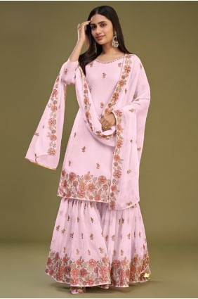 Georgette Embroidered Off pink  Sharara Suit with Dupatta SS1190