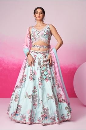 Embroidered Lehenga Choli in Turquoiseblue Silk LC7986