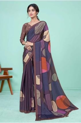 Digital print Silk Saree in Dark purple  with Blouse SR27501