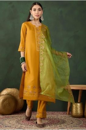 Embroidered Salwar Kameez in Mustard  Muslin SK154601