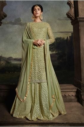 Embroidered Net Palazzo Suit in Mahendi green  with Dupatta PZ4048