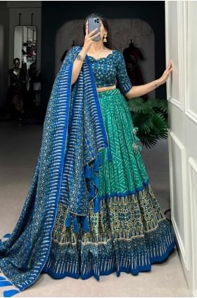 Silk Printed Blue-off green Lehenga Choli with Dupatta LC8001