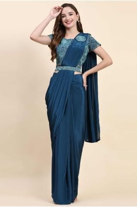 Saree in Blue Satin with Embroidered SR27520