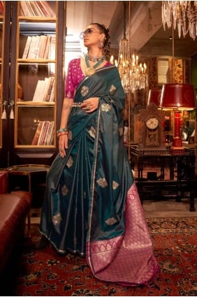Embroidered Satin Dark green Saree with Blouse SR27529