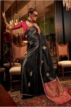 Embroidered Saree in Black Satin SR27533