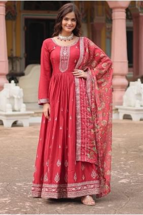 Embroidered Gown Dress in Maroon  Chiffon GW0971