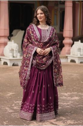 Chiffon Embroidered Wine  Gown Dress with Dupatta GW0974