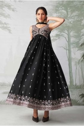 Black Embroidered Georgette Gown Dress GW0976
