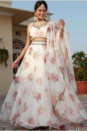 White Lehenga Choli in Printed Organza LC8005
