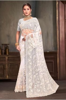 Net Saree with Embroidered in White  SR27558