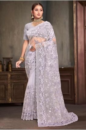 Embroidered Net Saree in Lavender  Blouse SR27559
