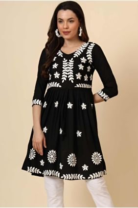 Rayon Kurti in Black with Embroidered KTI2541