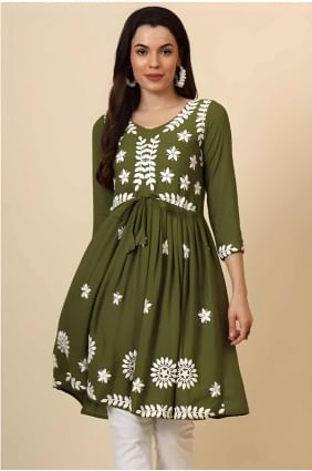 Embroidered Rayon Olive green  Kurti  KTI2542