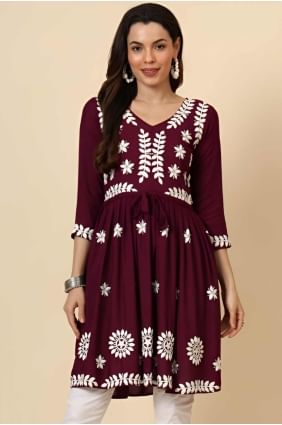 Rayon Kurti with Embroidered in Wine berry  KTI2543