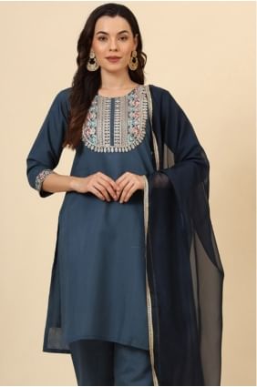 Embroidered Silk Salwar Kameez in Midnight blue  with Dupatta SK154607