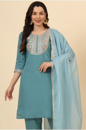 Silk Mediumturquoise Salwar Kameez in Embroidered SK154613