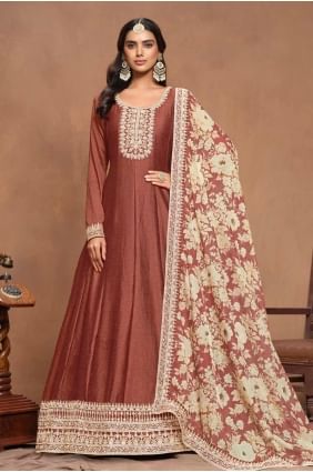 Embroidered Art silk Gown Dress in Burnt orange  with Dupatta GW0981