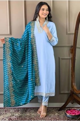 Embroidered Viscose Salwar Kameez in Sky  SK154623
