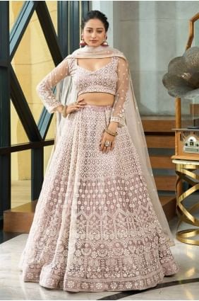 Net Lehenga Choli with Embroidered in Cream LC8048