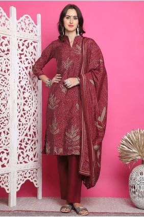 Printed Salwar Kameez in Maroon Muslin SK154626