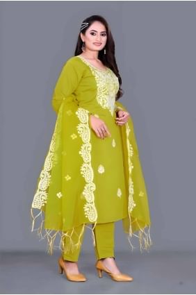 Avocado Straight Pant Suit in Chanderi with Embroidered SK154640