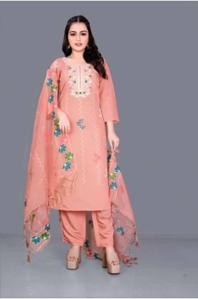 Embroidered Straight Pant Suit in Off orange Chanderi SK154641
