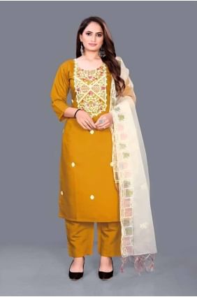 Athletic gold Embroidered Straight Pant Suit in Chanderi SK154642