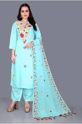 Off sky blue Embroidered Chanderi Straight Pant Suit SK154645
