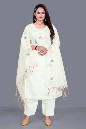 Chanderi Straight Pant Suit in Off sky white with Embroidered SK154646
